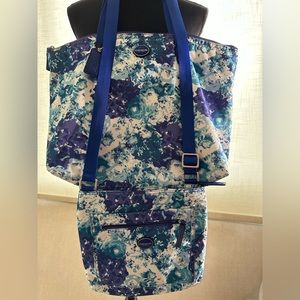 COACH BLUE AND PURPLE FLORAL WEEKENDER BAG AND CROSSBODY BAG